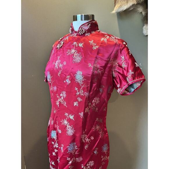 Vintage SOLZ Squirrel Red Rayon Satin Wiggle Fitted Dress Gown Size 42 - Picture 2 of 14